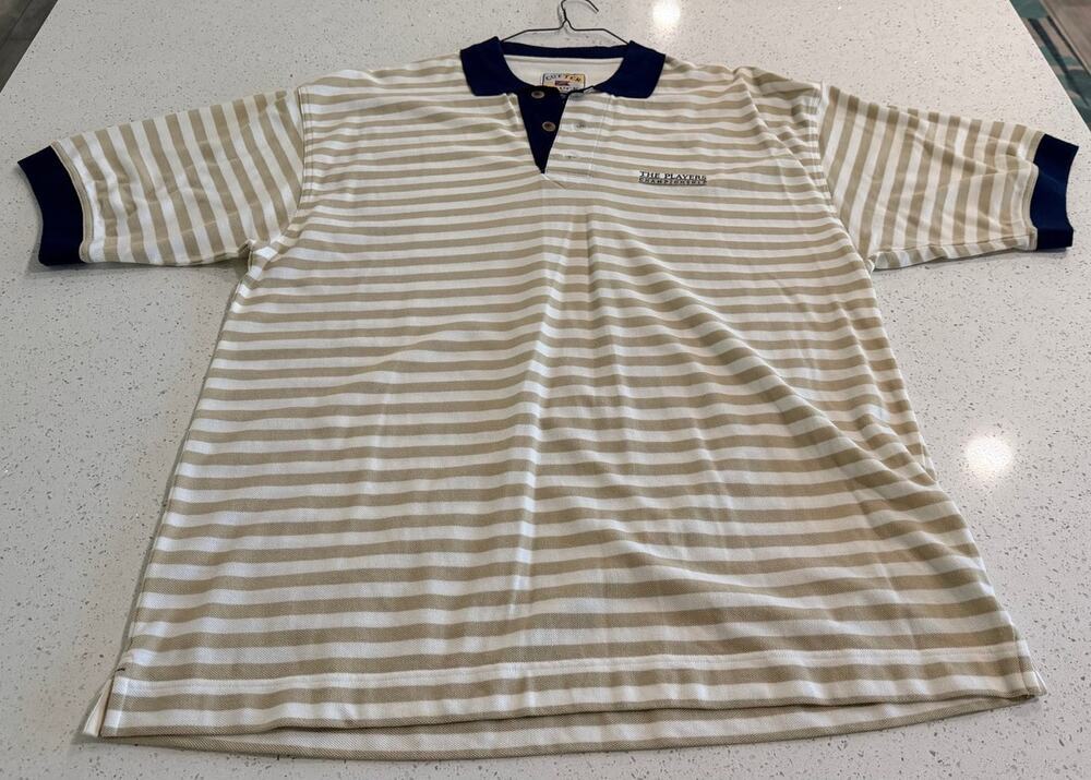 Vintage Cutter & Buck Tan & White Stripes Golf Polo The Players Mens Sz XL